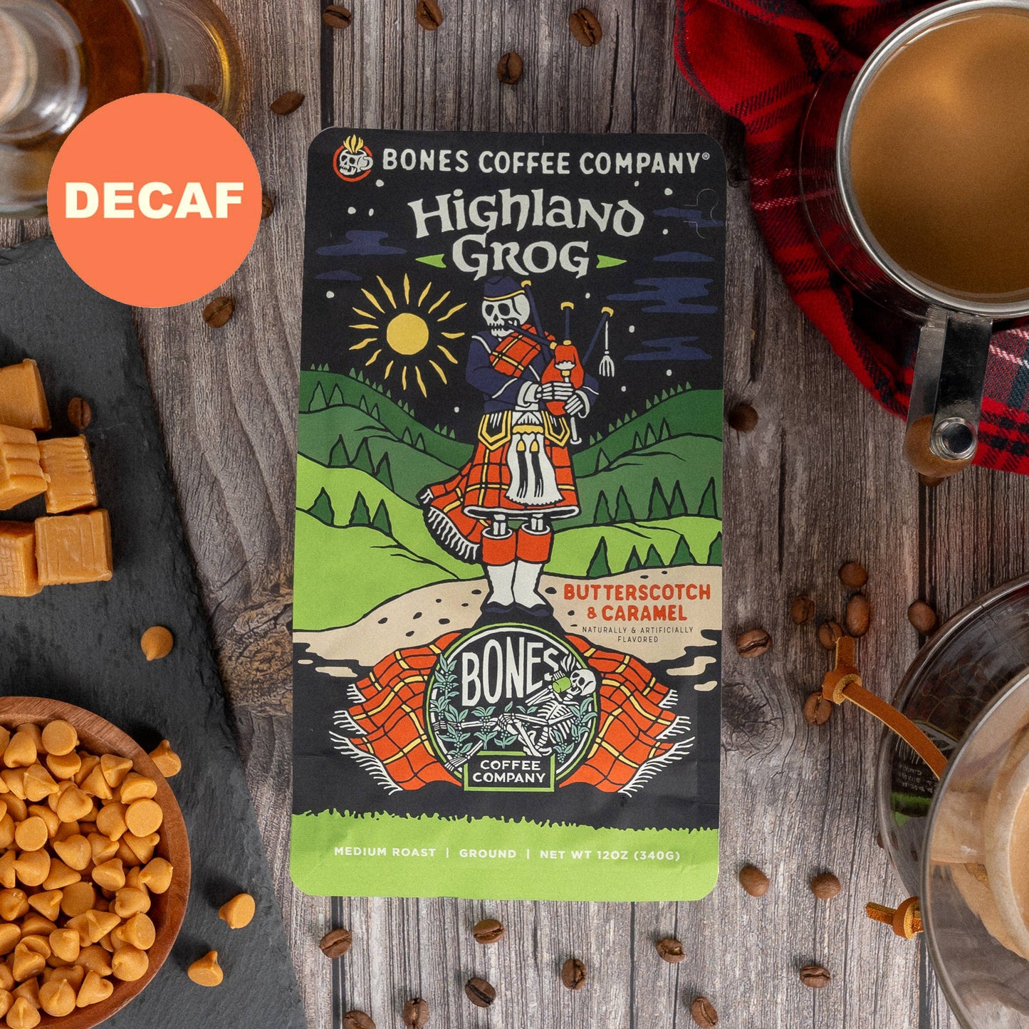 Bones Coffee Company - Decaf Highland Grog | 12oz: Whole Bean