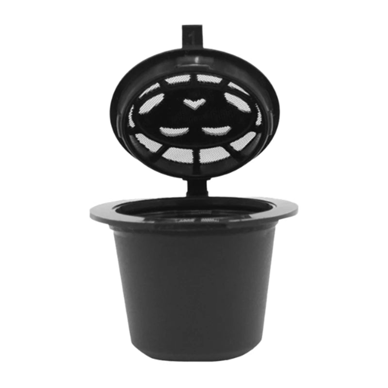 5 Reusable Nespresso Capsules Refillable Coffee Capsule Filter With Nespresso coffee machines With Spoon and Brush close up opened