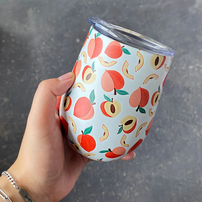 12oz Yerba Mate Tea Cup Stainless Steel Insulated Mug with Sliding Lid fruit pattern