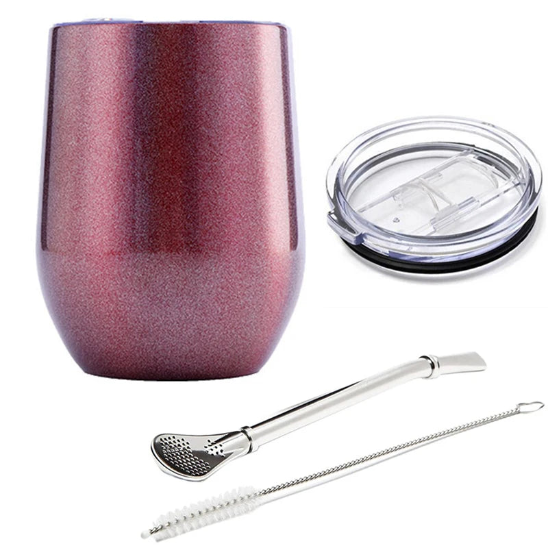 12oz Yerba Mate Tea Cup Stainless Steel Insulated Mug with Sliding Lid with cleaner and stirrer solid color