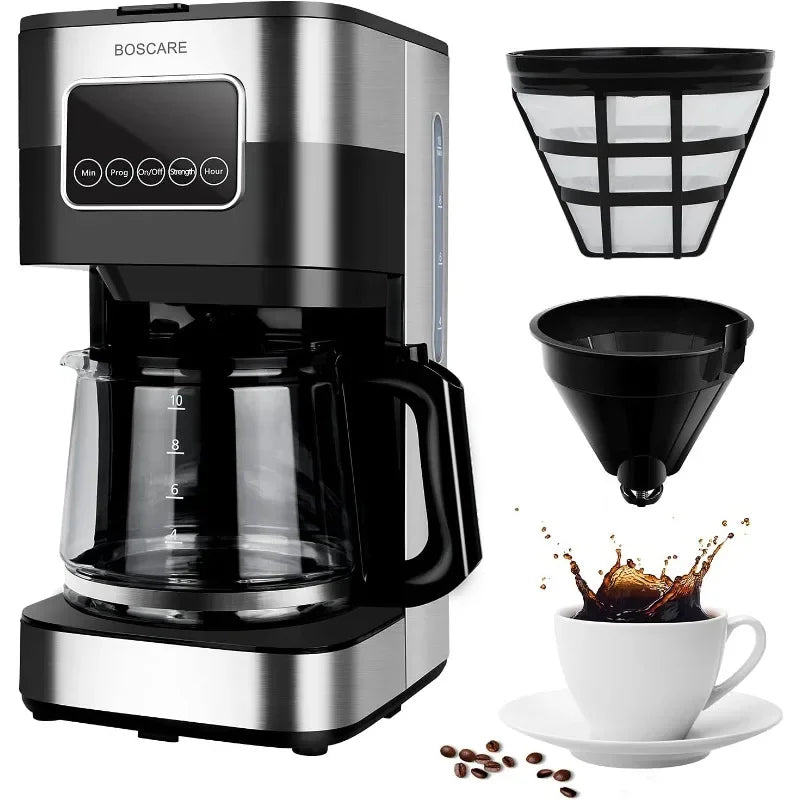 BOSCARE 10-Cup Programmable Coffee Maker: Drip Coffee Maker, Mini Coffee Machine with Auto Shut-off, Strength Control