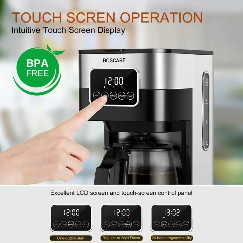 BOSCARE 10-Cup Programmable Coffee Maker: Drip Coffee Maker, Mini Coffee Machine with Auto Shut-off, Strength Control front view