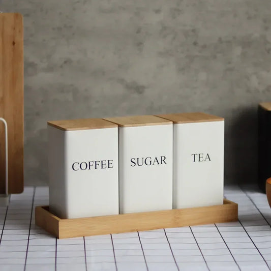 Coffee Bean Storage Airtight Containers for Food Containers Simple Style Bamboo Cover Iron Art Tea Can Sugar Bowl Kitchen Items