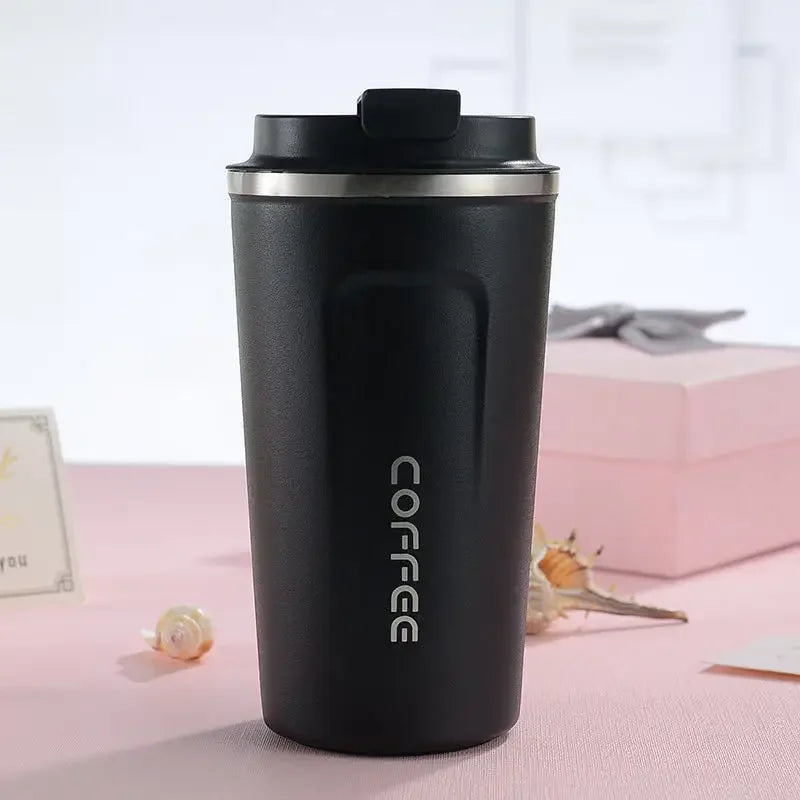 Portable 304 Stainless Steel Coffee Cup 380ml/510ml Vacuum Double-layer Insulated Cup Sealed Leak-proof Mug Outdoor Coffee Cup black isolated