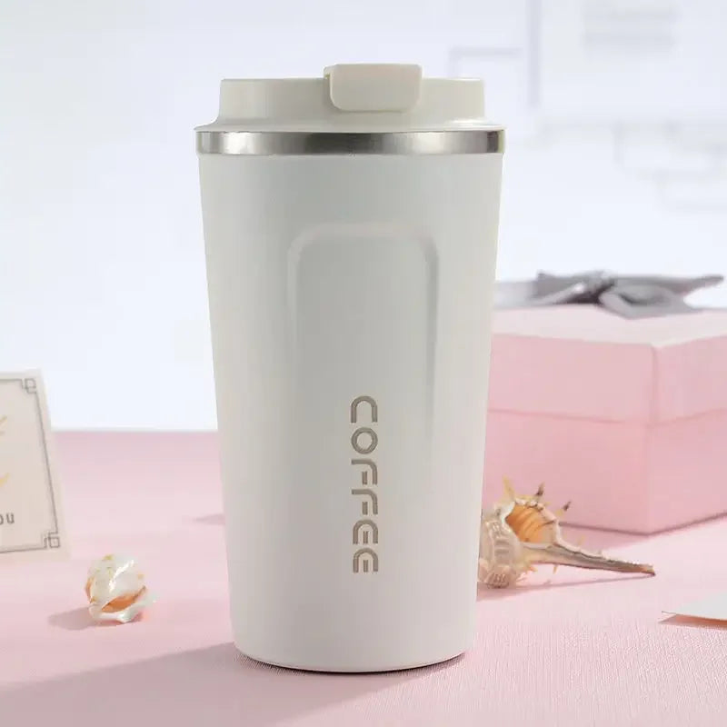 Portable 304 Stainless Steel Coffee Cup 380ml/510ml Vacuum Double-layer Insulated Cup Sealed Leak-proof Mug Outdoor Coffee Cup white isolated