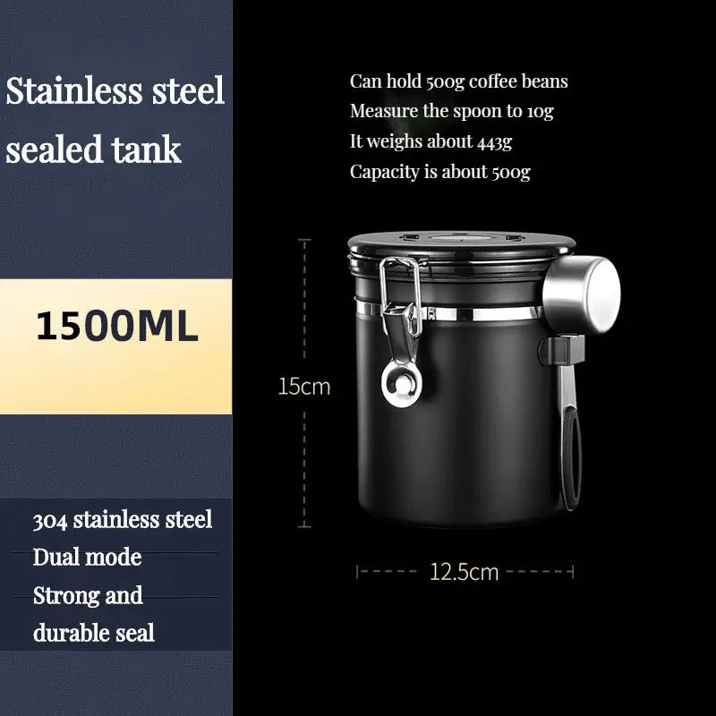 Punana Large Capacity Coffee Storage Container Stainless Steel Coffee Bean Can Sealing Coffee Filling Food Storage Container dimensions 1500ML