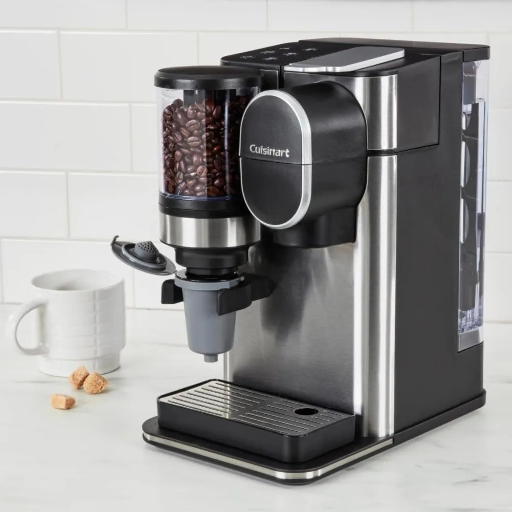 Single Serve Coffee Maker + Coffee Grinder, 48-Ounce Removable Reservoir, Stainless Steel, DGB-2SS-4